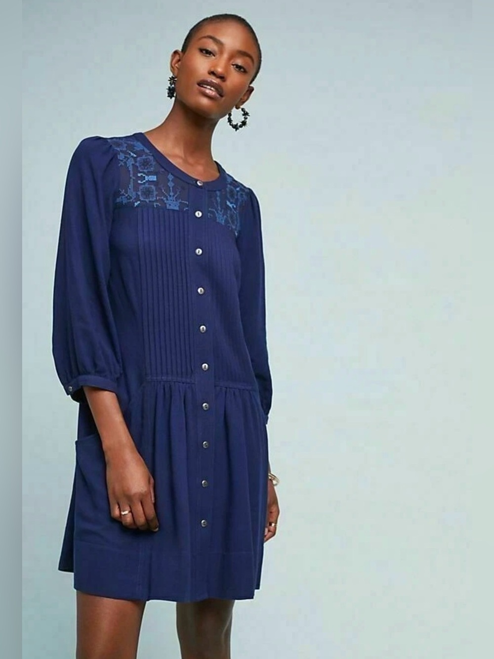 Anthropologie Dubois Embroidered Tunic Shift Dress Navy Blue Boho Pintuck Sz 14